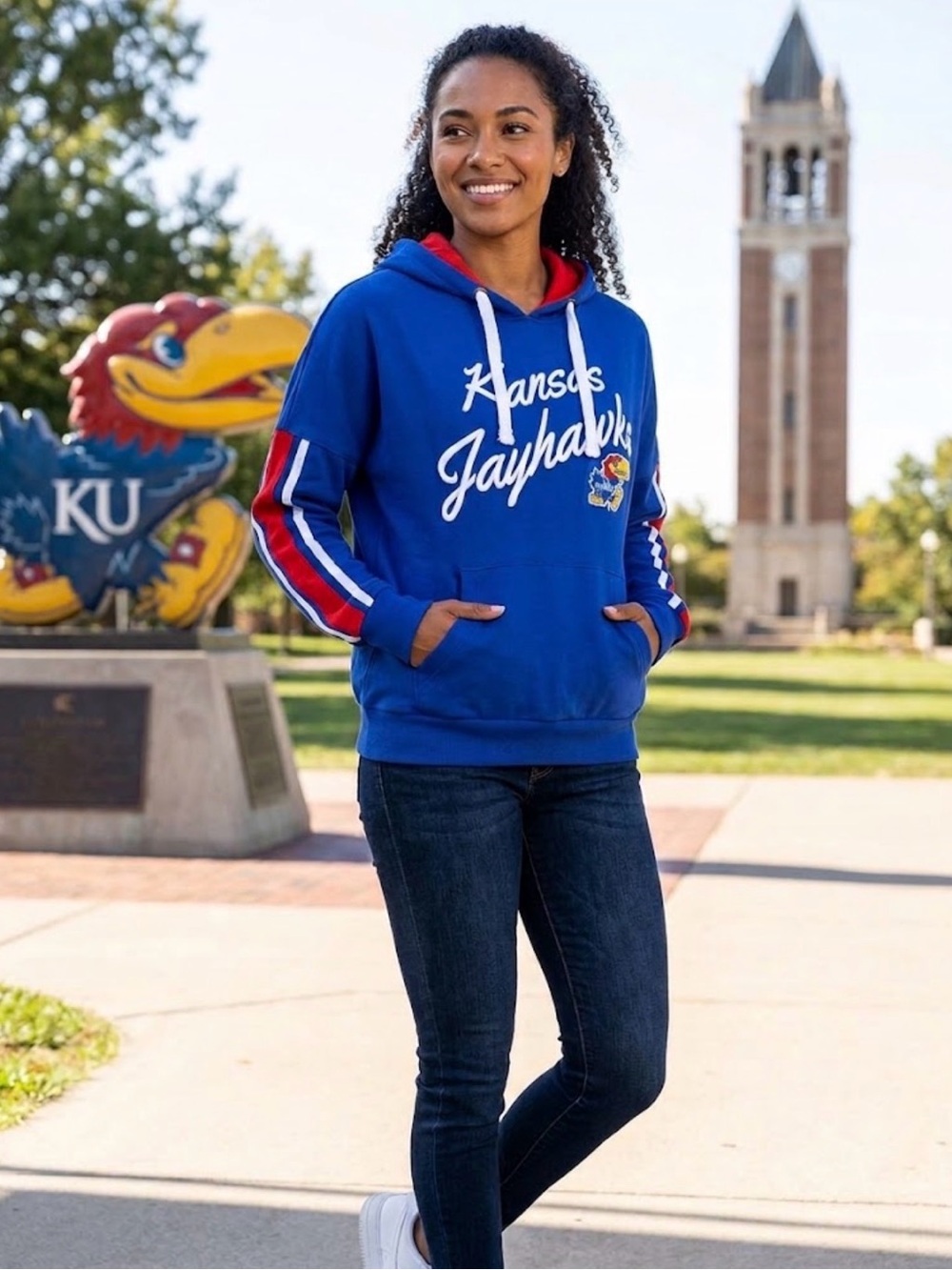 Colosseum KU Kansas Jayhawks Blue Script Hoodie w/ Sleeve Stripes